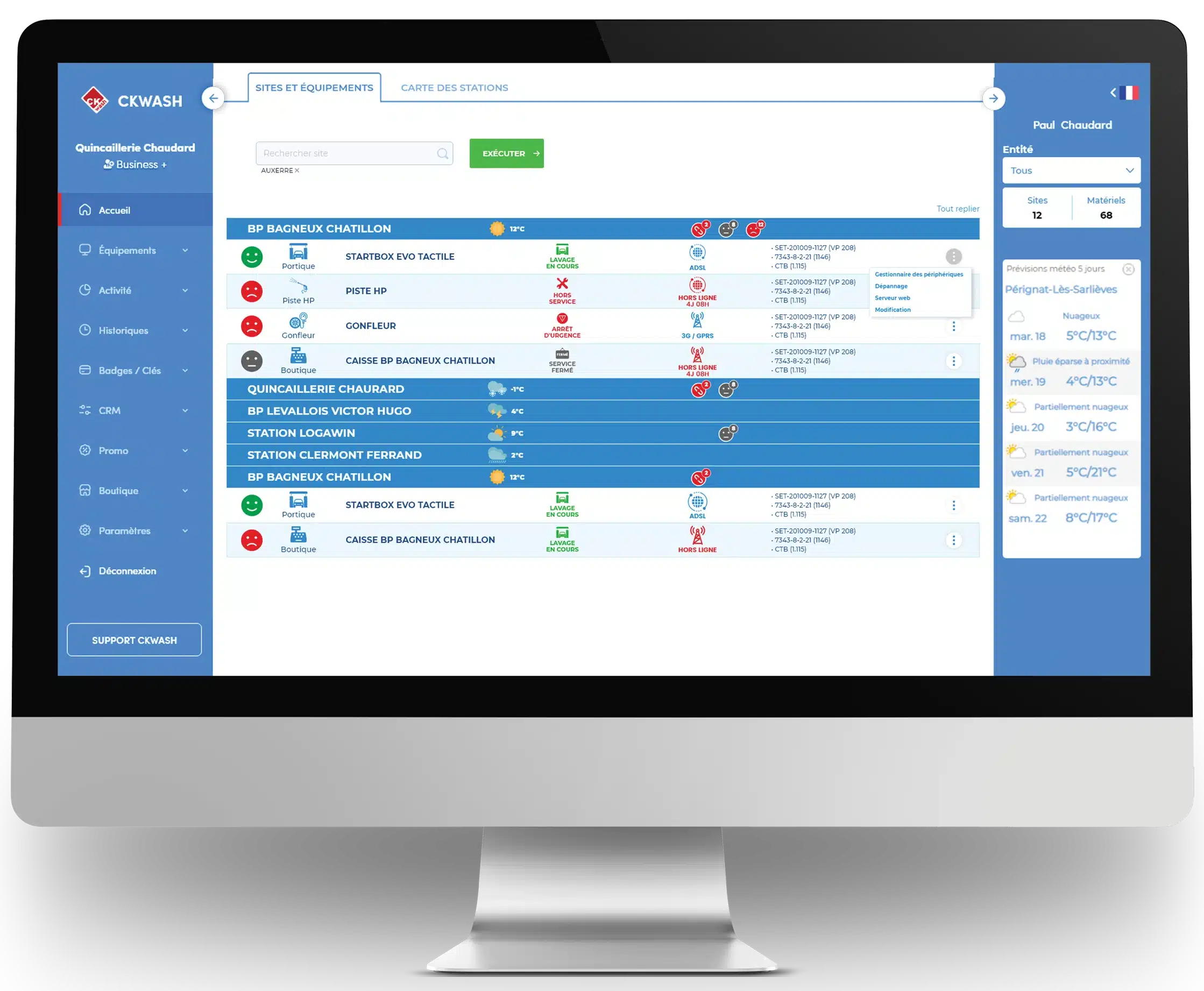Interface CKWASH Manager sur écran d'ordinateur